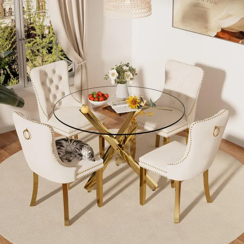 Miniatura 2 de Juego de comedor de 5 piezas con parte superior de vidrio redondo transparente, juego de comedor circular moderno de mediados de siglo de 39