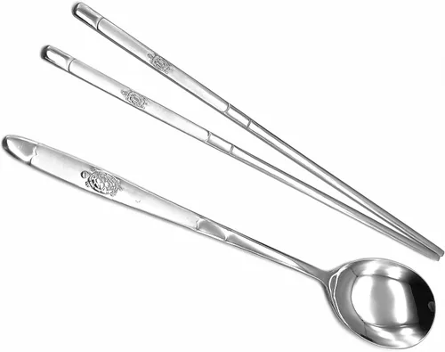Miniatura 7 de SUPIA Cubertería tradicional coreana de acero inoxidable cucharas y palillos juego de vajilla con mano larga, reutilizable (tortuga plateada)
