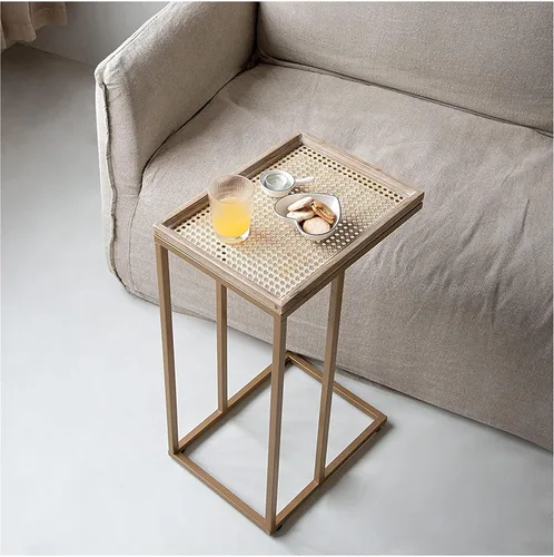 Miniatura 2 de COZAYH Mesa auxiliar de sofá en forma de C de granja con bandeja tejida de madera rústica y metal y marco de metal, mesa auxiliar para sala de Negro