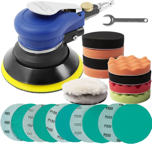 Miniatura 8 de Lijadora orbital aleatoria con manguera y bolsa para el polvo, lijadora de palma neumática con 10 papeles de lija para trabajo de carrocería