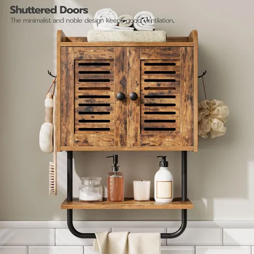 Miniatura 6 de HOOBRO Botiquín de baño, gabinete de pared para baño de doble puerta con toallero, estante ajustable, 2 ganchos, gabinete de almacenamiento sobre