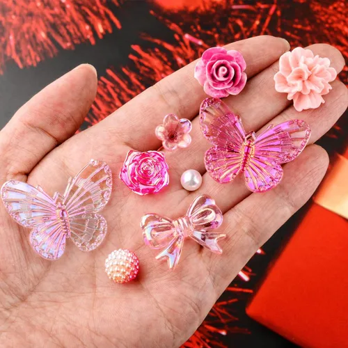 Miniatura 6 de 350 piezas de resina 3D ABS coloridos lazos de flores de rosas con parte trasera plana, cuentas de perlas semicirculares para pulseras, aretes