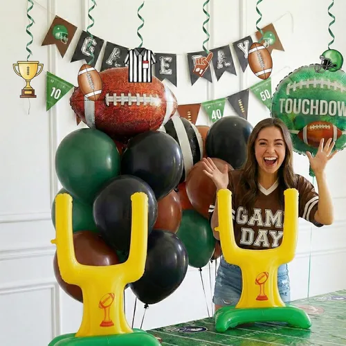 Miniatura 7 de Globos de fútbol verde oscuro, marrón y negro, globos con pancarta, colgante, remolino, poste de meta, globos de fútbol para deportes, cumpleaños
