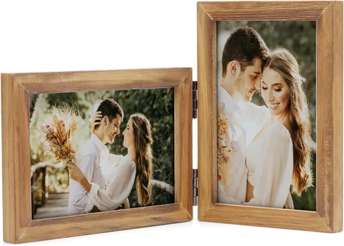 Miniatura 42 de Marcos de Fotos Dobles 4x4 con Bisagras Plegables en Negro para Colgar en la Pared o Poner en Mesa, Hechos de Madera de Pino con Vidrio Real P-44 *