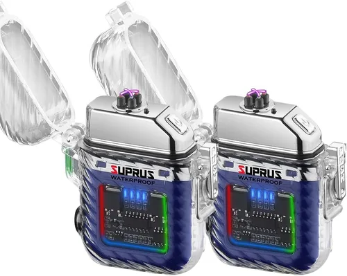 Miniatura 9 de SUPRUS Luminoso 3 modos de linterna resistente al viento, impermeable, encendedor eléctrico recargable de plasma de doble arco con silbato de Naranja