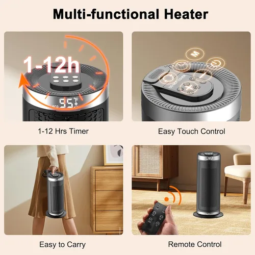 Miniatura 7 de Calentador de espacio, calentadores eléctricos portátiles de 1500 W para uso en interiores con control remoto y termostato, 4 modos, temporizador