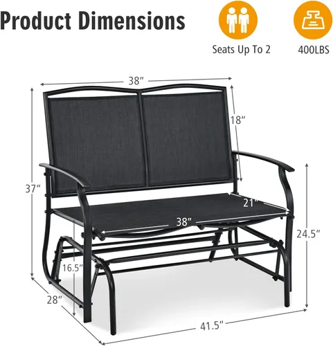 Miniatura 3 de Tangkula Banco planeador de patio para 2 personas, silla de sofá biplaza mecedora para exteriores con marco de acero resistente, tela de asiento