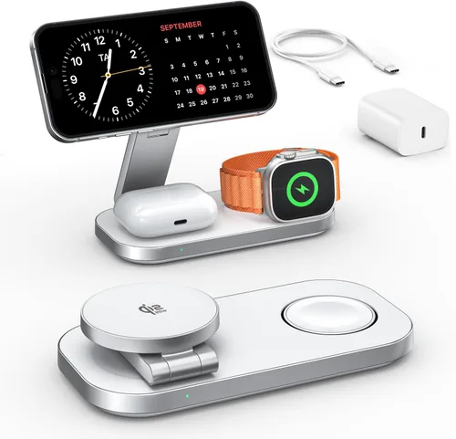 Estación de carga inalámbrica 3 en 1 para dispositivos Apple, soporte magnético plegable de carga rápida compatible con MagSafe para iPhone Blanco y