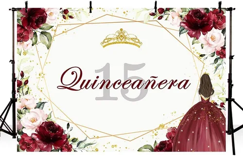Miniatura 3 de Telón de fondo de feliz cumpleaños número 15 de 7 x 5 pies para niña, quinceañera, fondo de flores rojas burdeos, corona dorada, decoración