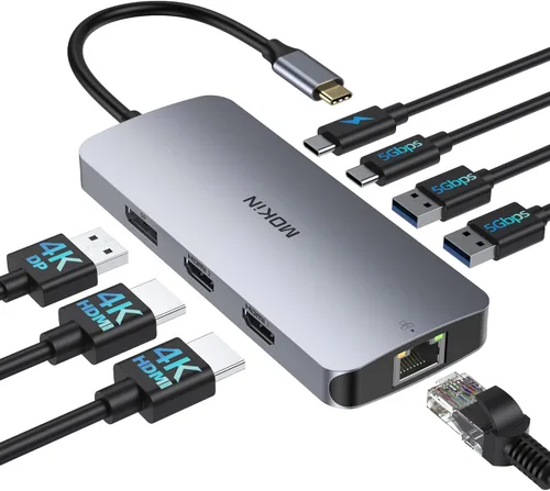 Miniatura 11 de Estación de acoplamiento USB C 3 HDMI, estación de acoplamiento 12 en 1, pantalla triple, base para monitor doble, concentrador USB-C 3 HDMI