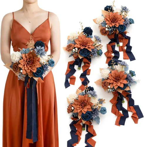 Miniatura 24 de Ling's moment Flores Artificiales Ramo de Damas de Honor Naranja Quemado Juego de 4, Ramos de Flores de Boda para Damas de Honor, Ramos Nupciales