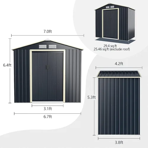 Miniatura 6 de Goplus Cobertizo de almacenamiento, organizador de metal de 7 x 4 pies, para exteriores, con 4 rejillas de ventilación y doble puerta corrediza