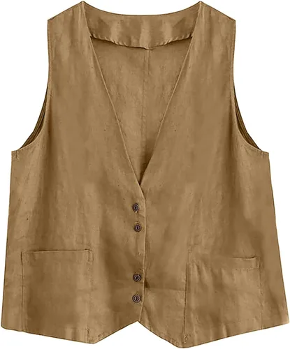 Miniatura 28 de COTECRAM Chaleco de lino de algodón para mujer, casual, sin mangas, con botones, ligero, para verano, holgado, ropa de abrigo