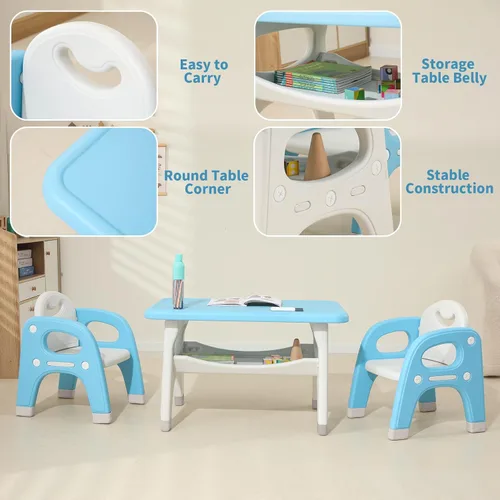 Miniatura 4 de Hulaibit Juego de mesa y 2 sillas para niños, juego de mesa y sillas para niños pequeños con estante de almacenamiento integrado grande, mesa