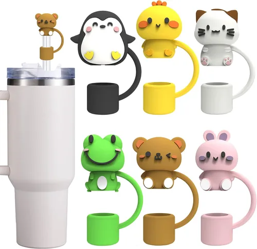 Miniatura 9 de 5 tapas de pajita para vaso Stanley, tapa de silicona con lindos animales para vaso Stanley de 30 y 40 oz con asa, puntas de pajita reutilizables a