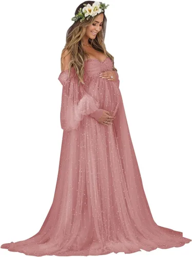 yinyyinhs Vestido de maternidad de tul perla para sesión de fotos, manga larga hinchada y hombros descubiertos, vestido de maternidad para baby