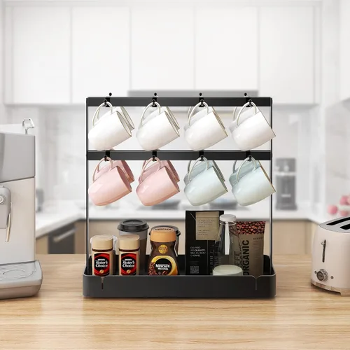 Miniatura 5 de RCHYFEED Soporte para taza de café para encimera, organizador de tazas de aleación de aluminio con 16 ganchos móviles, soporte de árbol de 2 niveles