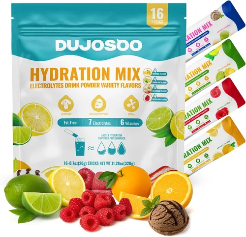 Mezcla de bebida en polvo de hidratación con electrolitos, sin grasa, paquete variado, 7 electrolitos y 6 vitaminas, Hericium, péptido de colágeno,