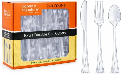 Hanna K. Signature - Juego de cubiertos de plástico transparente de 240 unidades, pesado, elegante, desechables, 80 tenedores, 80 cucharas, 80