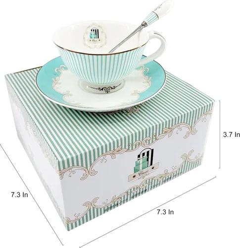 Miniatura 9 de Juego de taza de té y taza de café vintage Royal Bone China con platillo y cuchara, elegante taza de té de cerámica a rayas para té de la tarde