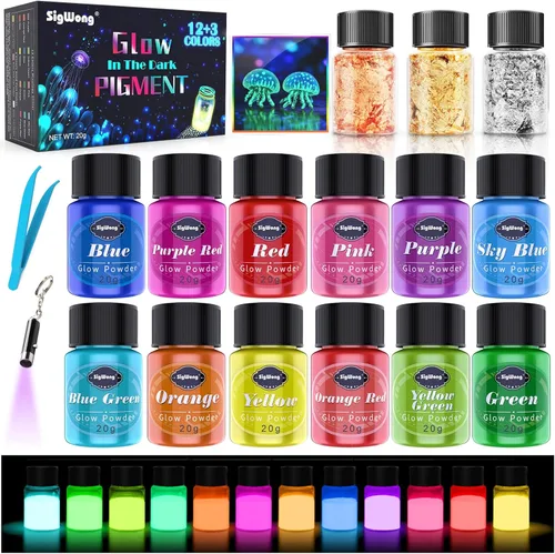 Pigmento en polvo que brilla en la oscuridad, 12 colores de polvo luminoso de 0.7 onzas y 3 colores de copos de lámina dorada, 0.7 onzas, polvo