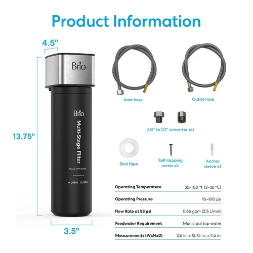 Miniatura 9 de Brio Sistema de filtro de agua para debajo del fregadero de 11 pulgadas para grifo de cocina y baño, carcasa única de 3 etapas, filtros de 0.5