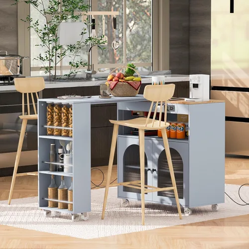 Miniatura 5 de K&K - Isla de cocina rodante con mesa extendida, luces LED, tomas de corriente, 2 puertas de vidrio, compartimento de almacenamiento, 3 estantes