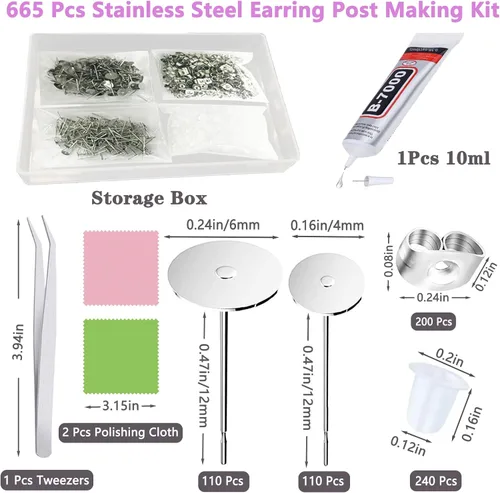 Miniatura 2 de N NOROCME 665 postes de aretes con pinzas de pegamento para joyas, fabricación de joyas de acero inoxidable, aretes hipoalergénicos y dorsos, aretes