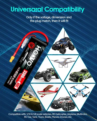 Miniatura 7 de HOOVO 4S Lipo Battery 14.8V 80C 3300mAh RC Lipo Battery Pack Softcase con conector XT60 para barco RC, coche RC, camión, drone RC Quadcopter