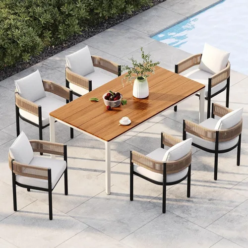 Miniatura 10 de Juego de comedor al aire libre Grand Patio de 5 piezas para 4, sillas de patio fijas de mimbre tejido metálico con cojines engrosados y 1 mesa
