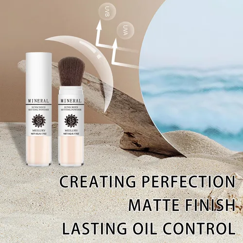 Miniatura 5 de Polvo fijador de protección solar SPF 35, cepillo mineral en polvo para cara y cuero cabelludo, control de aceite, acabado mate natural, polvo