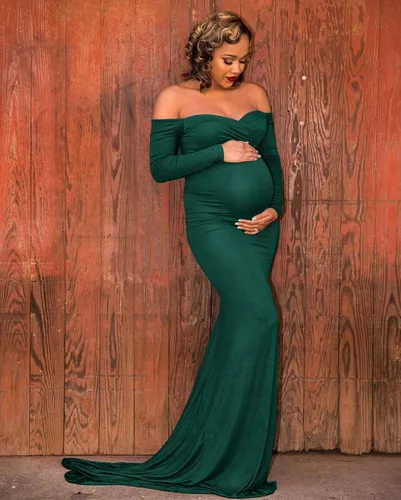 Miniatura 4 de ZIUMUDY Vestido de Maternidad con Hombros Descubiertos para Sesión de Fotos y Fotografía, Vestido de Color Sólido para Baby Shower