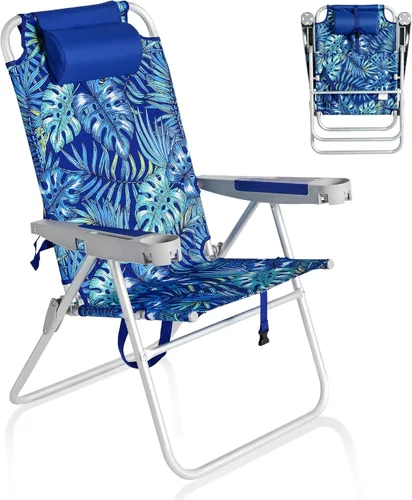 Miniatura 11 de SUNNYFEEL Silla de Playa Plegable Extra Ancha de 28", 5 Posiciones Completamente Reclinable, Silla de Camping Portátil de 17" de Alto con Portavasos