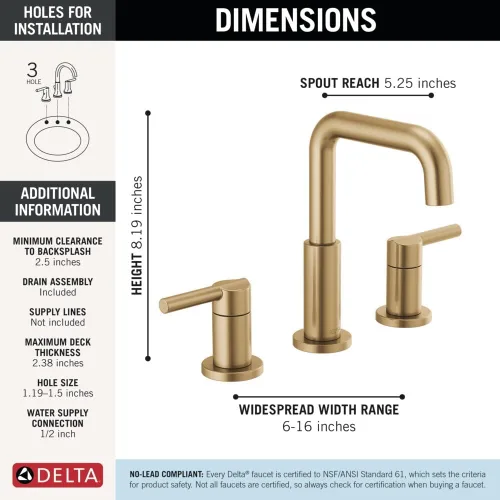 Miniatura 5 de Delta Nicoli - Grifo de 3 agujeros en oro cepillado, grifo de lavabo de baño de 8 pulgadas para mueble, conjunto de desagüe emergente, bronce Bronce