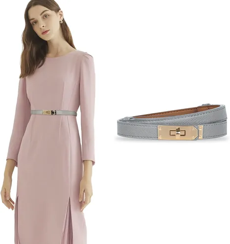 Miniatura 385 de Cinturón de cuero clásico con hebilla de metal para mujer con vestido de jeans
