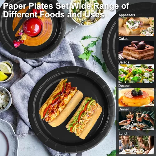 Miniatura 4 de Black Paper Party Plates Supplies 400GSM -100pcs - 50 x 10 Dinner Plates and 50 x 8 Dessert Plate,Suitable for Birthday,Family Negro