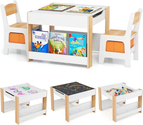 Miniatura 9 de KOTEK Juego de mesa y 2 sillas de madera para niños con pizarra y cajones de almacenamiento, mesa de actividades múltiples para niños para aprender