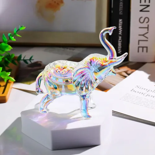 Miniatura 2 de YWHL Linda Figurilla de Vidrio de Cristal de Elefante, Regalos Coleccionables para Mujeres Amantes de los Elefantes, Estatua de Animal para Arco iris