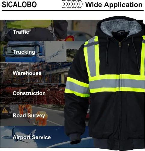 Miniatura 6 de Sudadera de forro polar con capucha de alta visibilidad para hombre, chamarra de seguridad reflectante resistente al agua y térmica de trabajo