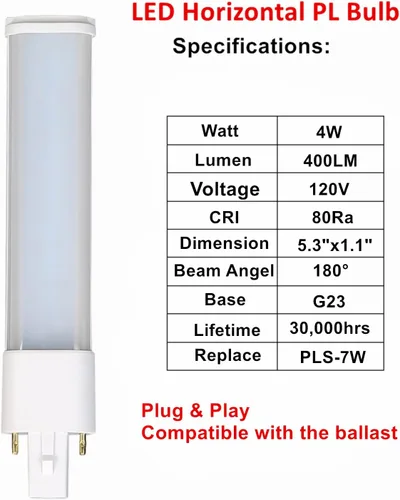 Miniatura 3 de SATZOL Paquete de 2 bombillas LED G23 4W 400LM blanco cálido AC120V 2pin G23 LED PL, equivalente a 7 W CFL, compatible con el balasto