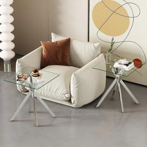Miniatura 3 de Mesa auxiliar moderna de cristal, mesa auxiliar cuadrada para sofá, mesa auxiliar con parte superior de vidrio templado transparente y patas plateado