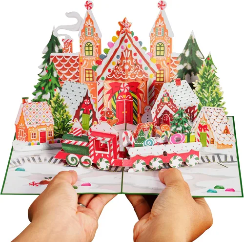 Miniatura 3 de Paper Love Tarjeta Emergente 3D de Pueblo de Jengibre Navideño, Regalo para Navidad o Días Festivos, Cubierta de 5" x 7" - Incluye Sobre y Etiqueta