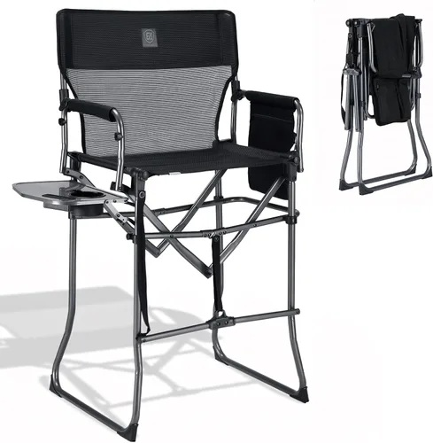 EVER ADVANCED Silla alta de textileno para campamento, silla de directores de malla, taburete de bar plegable alto con mesa auxiliar para Malla Negra