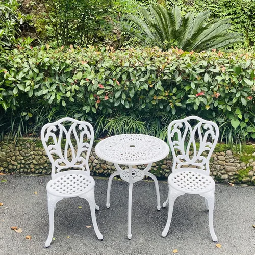 Miniatura 7 de KAILI Juego de 3 muebles de patio de aluminio fundido para patio, jardín al aire libre, mesas y sillas a prueba de óxido, juego de bisrto blanco