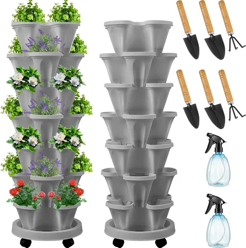 Miniatura 12 de Umigy Juego de 2 macetas verticales de 7 niveles, apilables, macetas de fresa, hierbas y verduras, macetas de jardinería para interiores