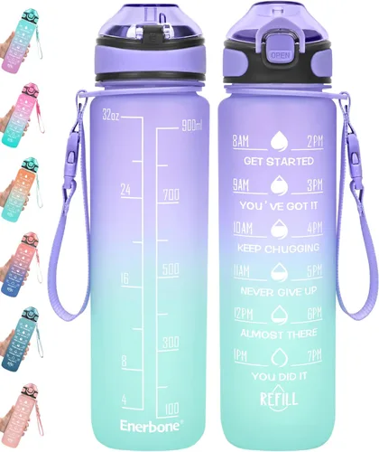 Miniatura 30 de Enerbone Botella de agua potable de 32 oz con tiempos para beber y popote, motivacional con correa para llevar, a prueba de fugas, sin BPA ni