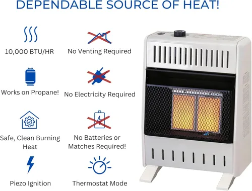 Miniatura 4 de ProCom Calentador de placa infrarroja sin ventilación de propano líquido de calefacción con pies base - 10,000 BTU, control T-Stat - Modelo #