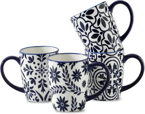 HASENSE 15OZ Coffee Mugs, Ceramic Coffee Mugs Set of 4 with Handle, Coffee Cups Ceramic with Blue and White Floral Patterns, Porcelain Mug Set for