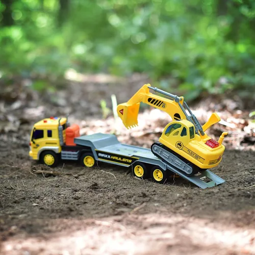 Miniatura 3 de Maxx Action Transporte de vehículos de 17 pulgadas con excavadora - Luces brillantes y sonidos de construcción Remolque alimentado por fricción