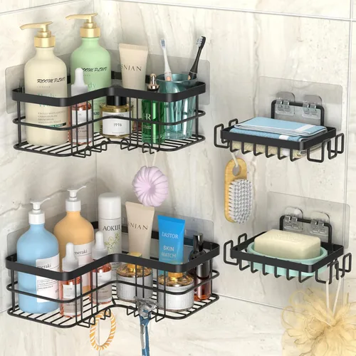 Organizador de ducha esquinero, paquete de 4 estantes adhesivos para ducha con soporte para jabón, sin perforaciones, organizador de ducha de baño a